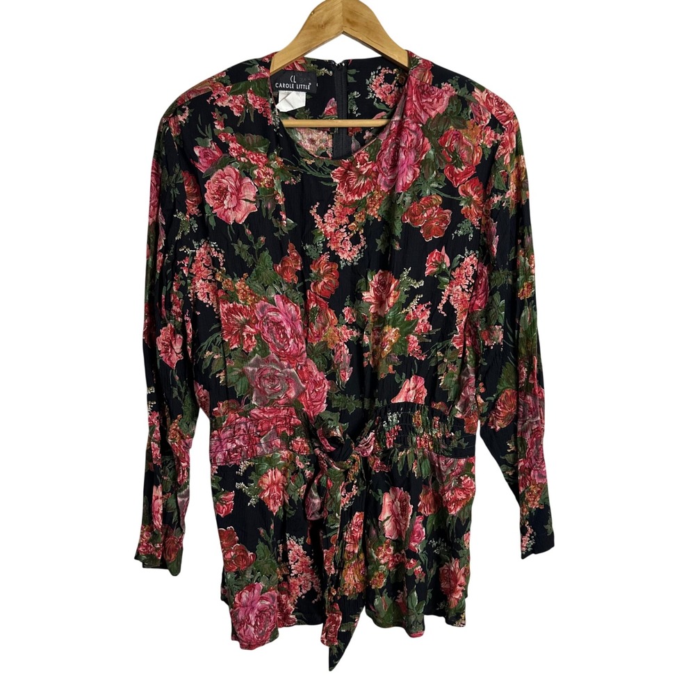 Carole Little Vintage Floral Rayon Blouse Long Sleeve Smocked Tie romantic artsy